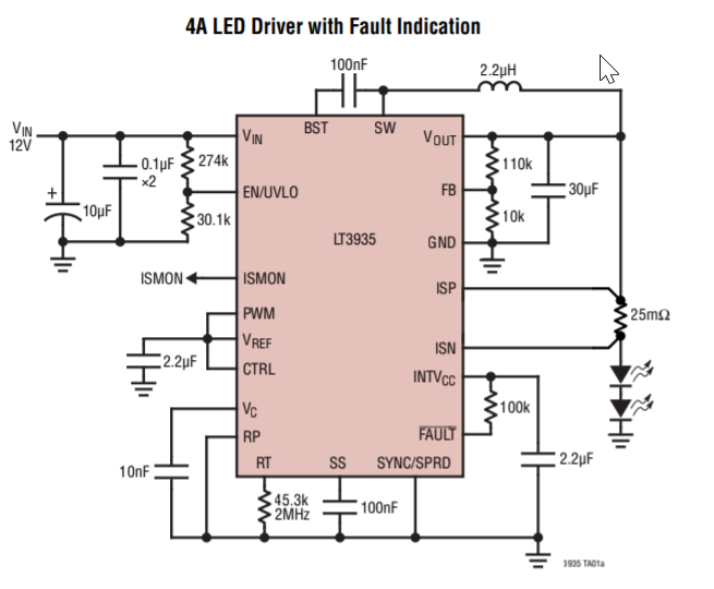 应用电路图 - Analog Devices Inc. LT3935同步降压LED驱动器